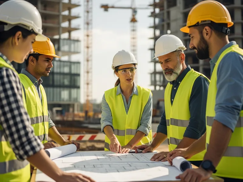Construction professionals in hard hats reviewing plans at a building site