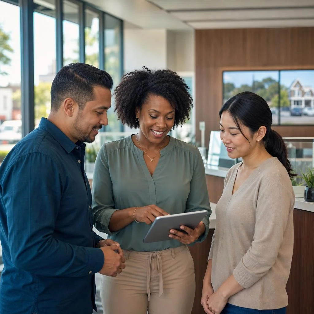 A financial advisor meeting with a client across a desk in a modern office