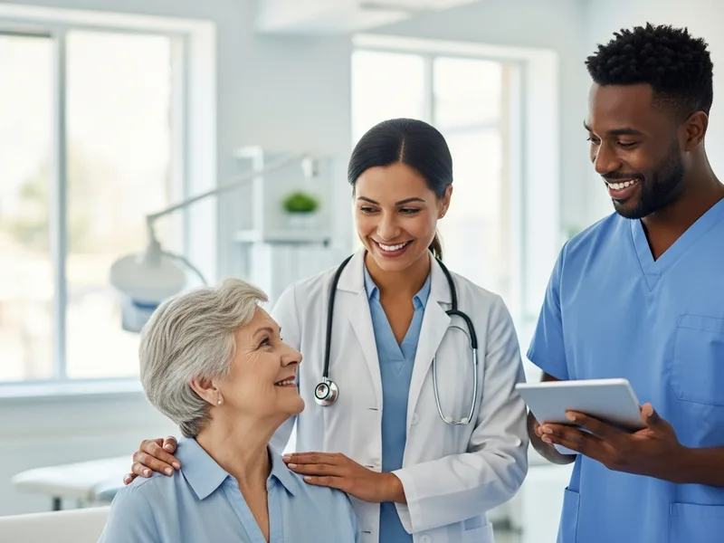 A doctor and nurse caring for a patient in a bright modern clinic