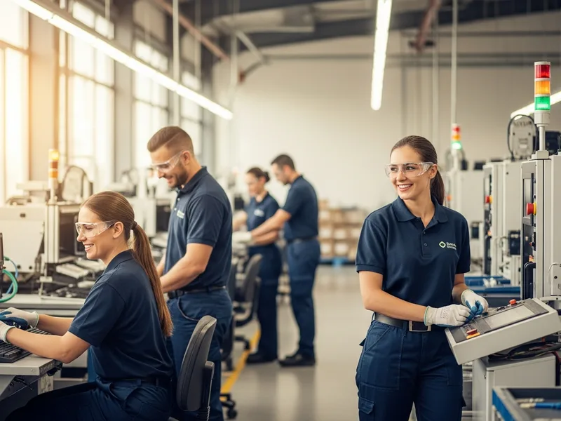 Workers on a clean modern manufacturing floor beside production machinery