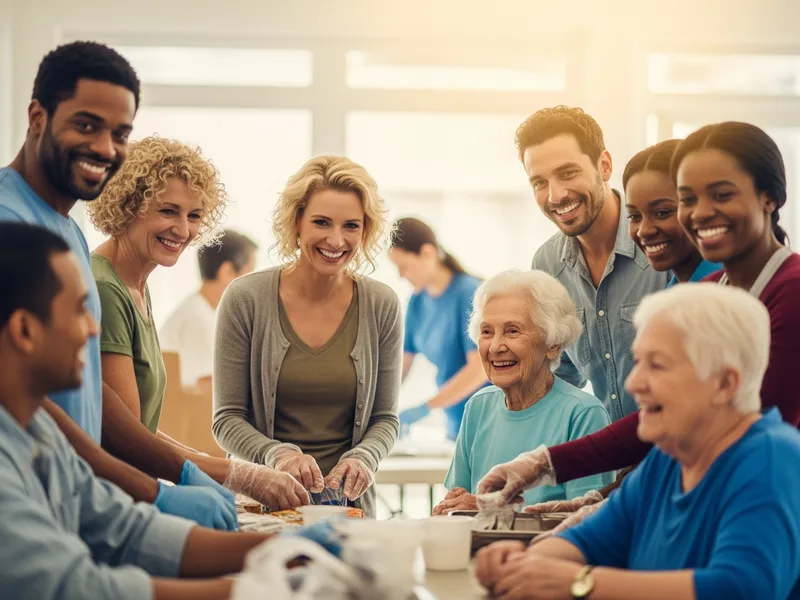 Diverse nonprofit volunteers working together at a community charity event