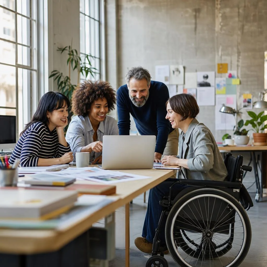 A professional services team collaborating around a desk in a modern office